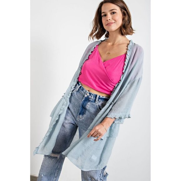 easel Sweaters Easel Blue Grey Semi Sheer Double Ruffled Long Open